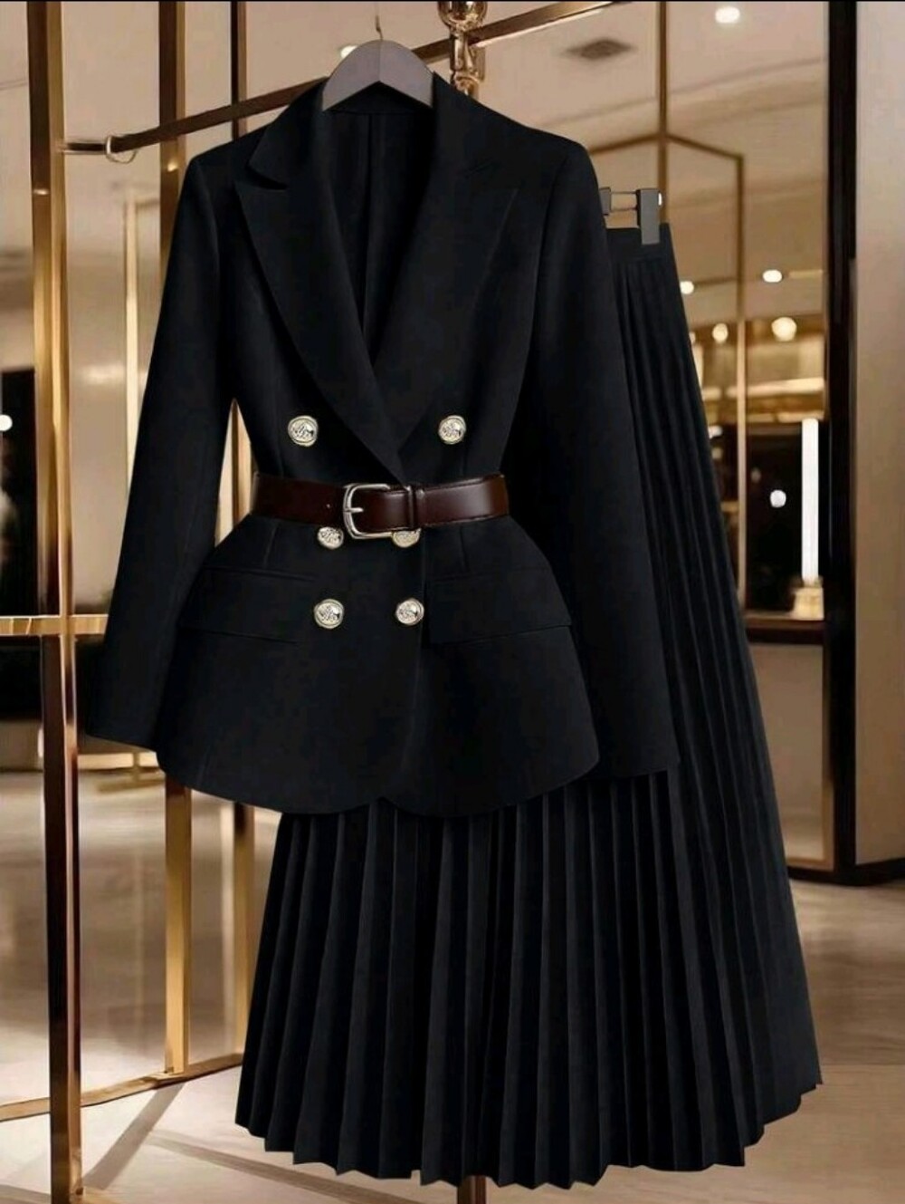 Women's Gold Button Decor Blazer + Pleated Skirt Elegant Casual Commuter - Picture 4 of 7